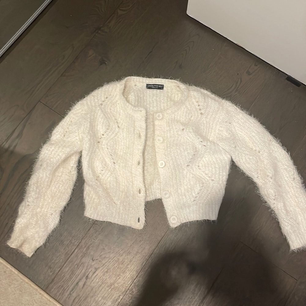 Central Park west small fuzzy white button cable knit cardigan fall